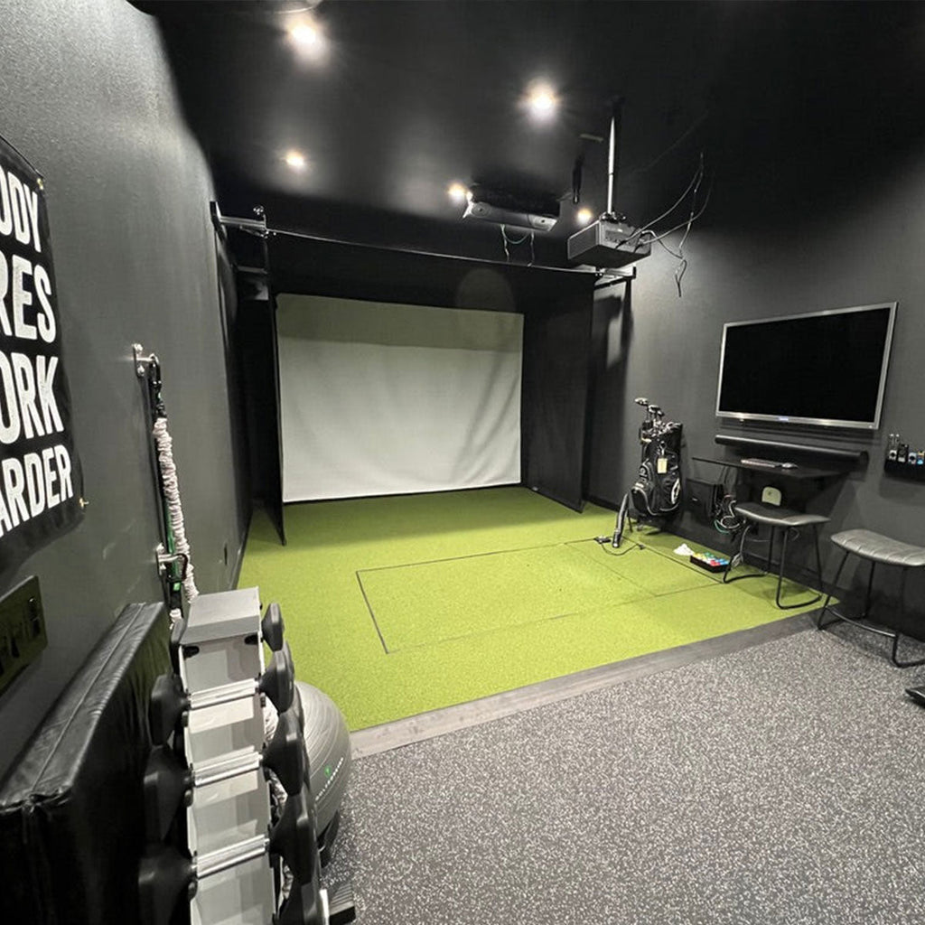 Uneekor EYE MINI SportScreen Vanish Retractable Golf Studio Complete Package | Home Golf Simulator Studio with Impact Screen, Enclosure, Hitting Mat, Putting Turf & Projector