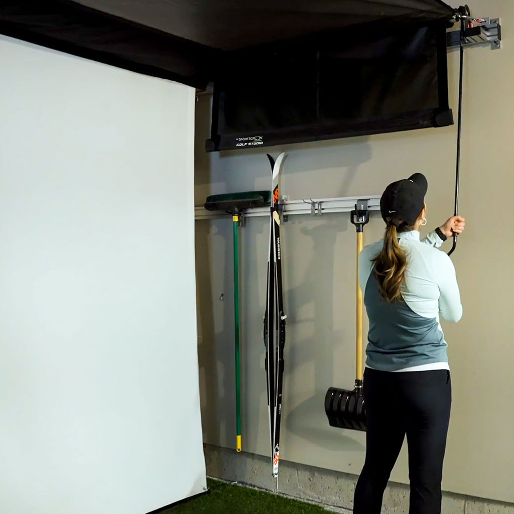 SportScreen Vanish Retractable Golf Studio Complete Package by Golficity | Home Golf Simulator Studio with Impact Screen, Enclosure, Hitting Mat, Putting Turf & Projector