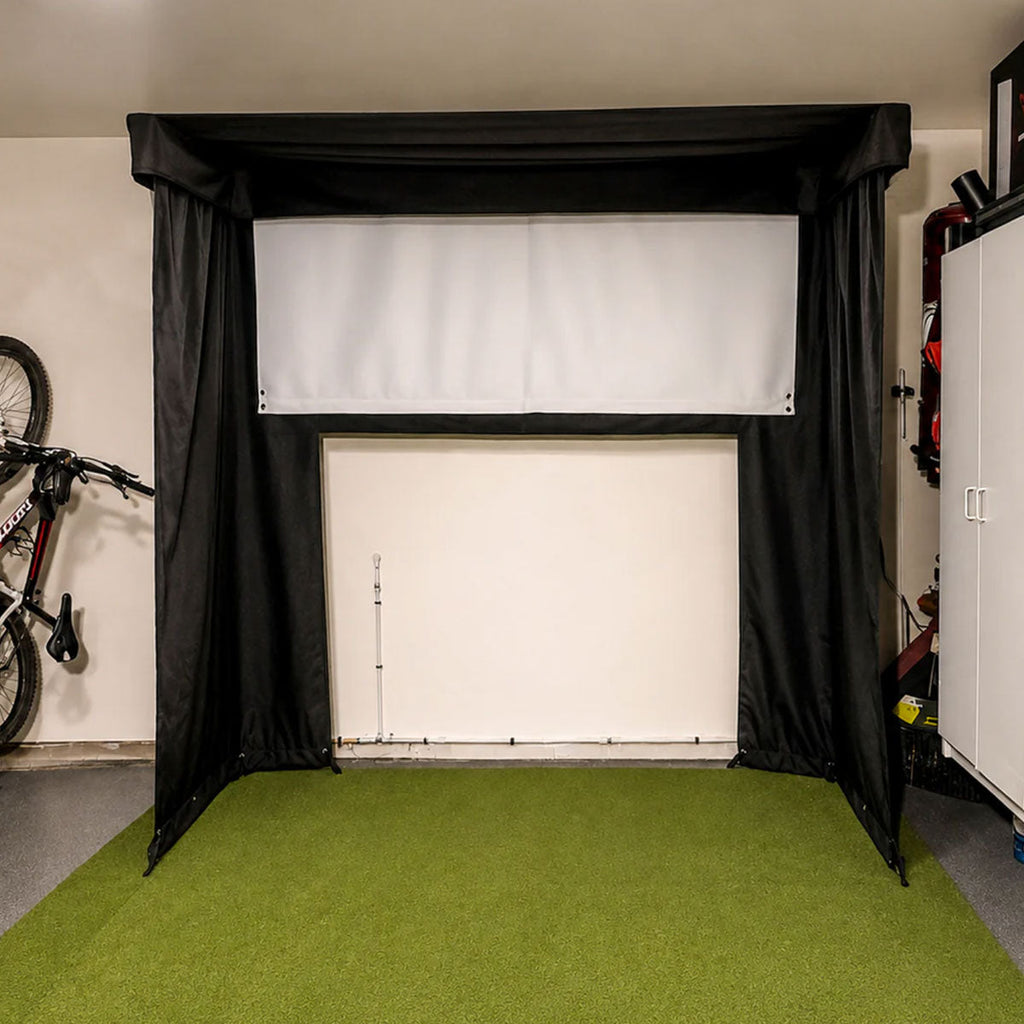 SportScreen Vanish LITE Hybrid-Retractable Golf Studio Complete Package by PlayBetter | Home Golf Simulator Studio with Impact Screen, Enclosure, Hitting Mat, Putting Turf & Projector