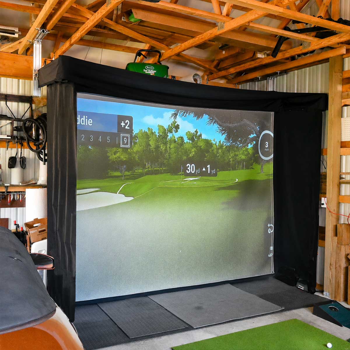 SportScreen Vanish LITE Hybrid-Retractable Golf Studio Complete Package by PlayBetter | Home Golf Simulator Studio with Impact Screen, Enclosure, Hitting Mat, Putting Turf & Projector
