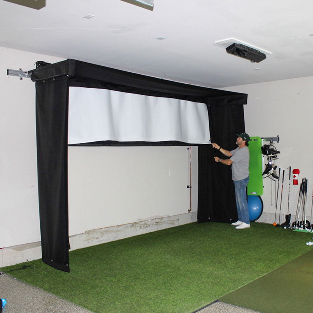 Uneekor EYE XO2 SportScreen Vanish LITE Hybrid-Retractable Golf Studio Complete Package | Home Golf Simulator Studio with Impact Screen, Enclosure, Hitting Mat, Putting Turf & Projector