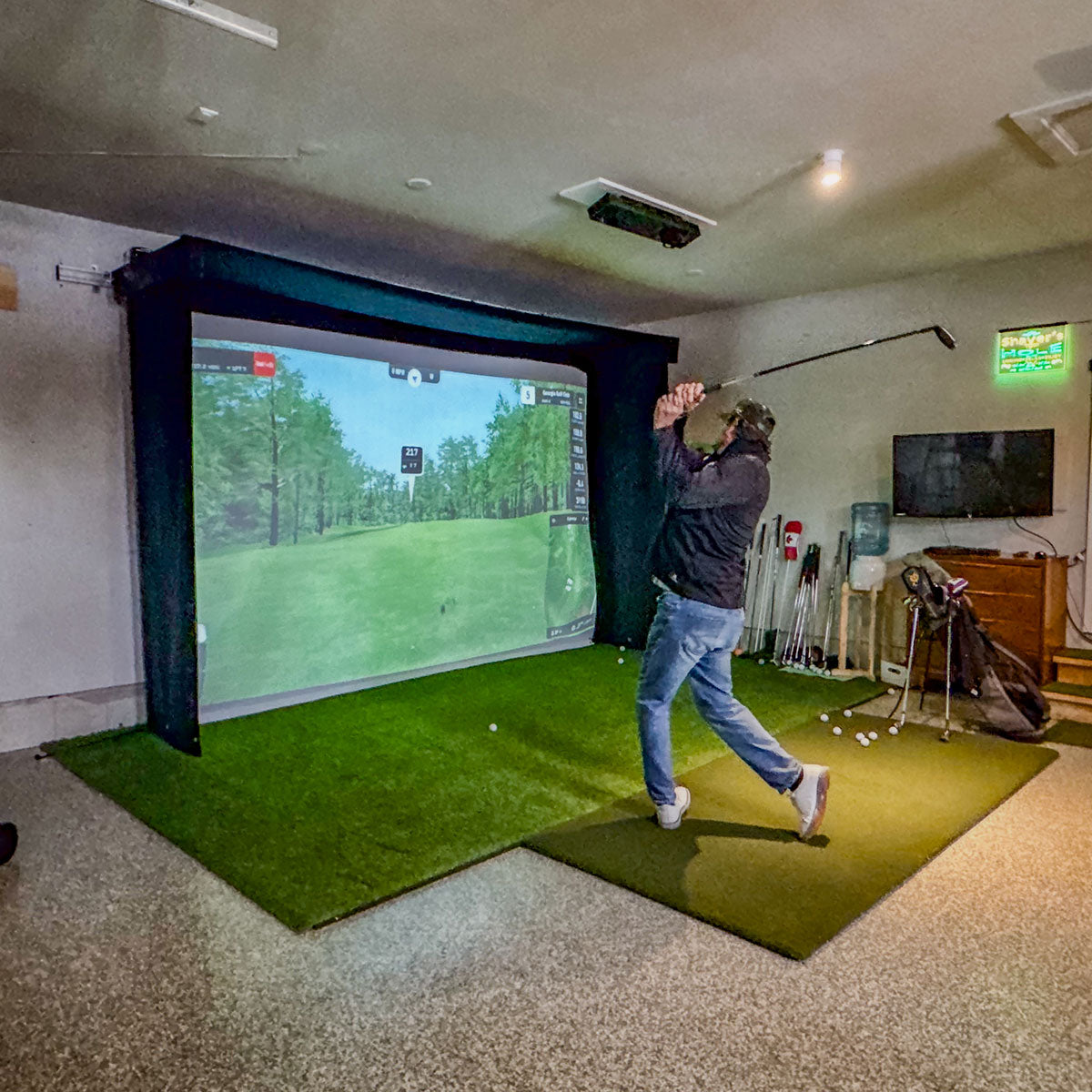 SkyTrak+ SportScreen Vanish LITE Hybrid-Retractable Golf Studio Complete Package | Home Golf Simulator Studio with Impact Screen, Enclosure, Hitting Mat, Putting Turf, Projector & 1-Year FREE Foresight Course Play