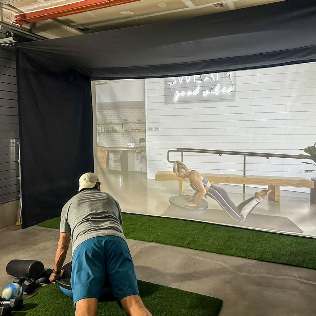 SportScreen Vanish Retractable Golf Studio Complete Package by Golficity | Home Golf Simulator Studio with Impact Screen, Enclosure, Hitting Mat, Putting Turf & Projector