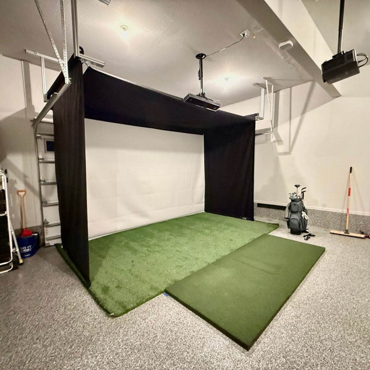 Uneekor EYE XO2 SportScreen Vanish Retractable Golf Studio Complete Package | Home Golf Simulator Studio with Impact Screen, Enclosure, Hitting Mat, Putting Turf & Projector