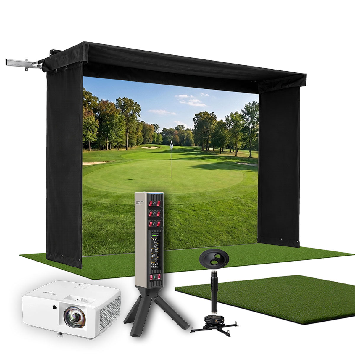 Square Golf Omni SportScreen Vanish LITE Hybrid-Retractable Golf Studio Complete Package | Home Golf Simulator Studio with Impact Screen, Enclosure, Hitting Mat, Putting Turf & Projector