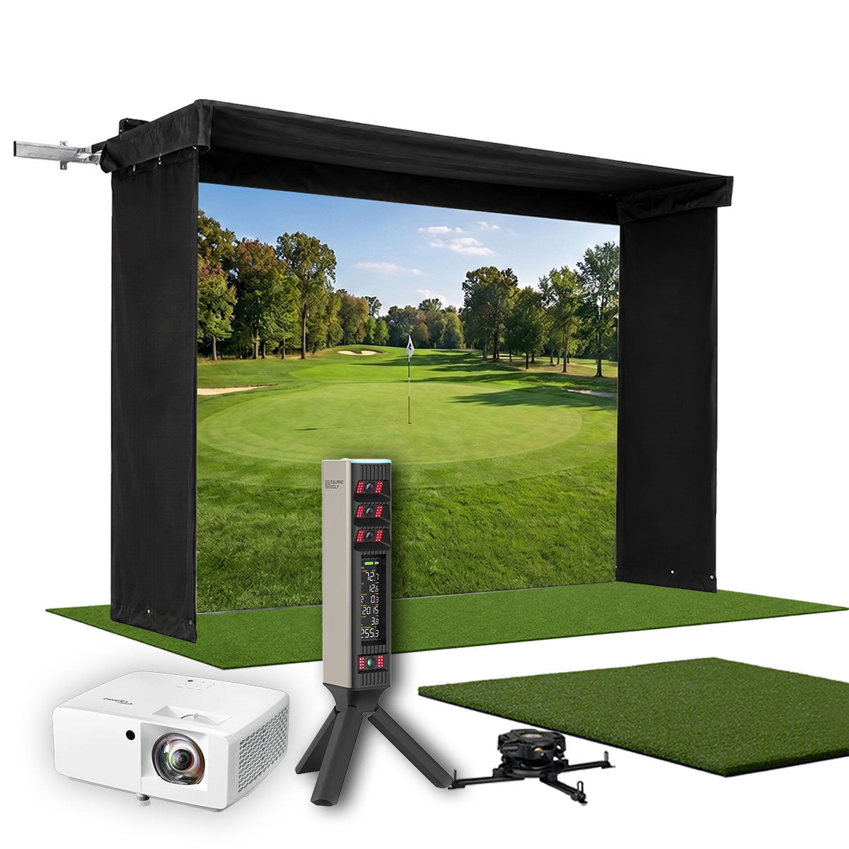 Square Golf Omni SportScreen Vanish LITE Hybrid-Retractable Golf Studio Complete Package | Home Golf Simulator Studio with Impact Screen, Enclosure, Hitting Mat, Putting Turf & Projector