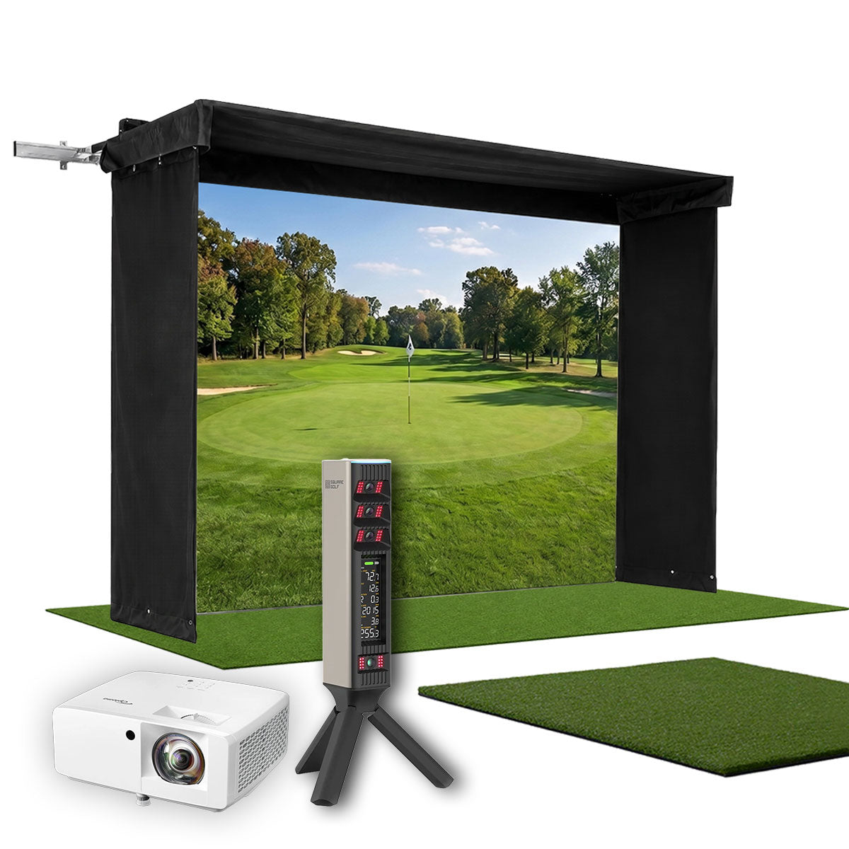 Square Golf Omni SportScreen Vanish LITE Hybrid-Retractable Golf Studio Complete Package | Home Golf Simulator Studio with Impact Screen, Enclosure, Hitting Mat, Putting Turf & Projector