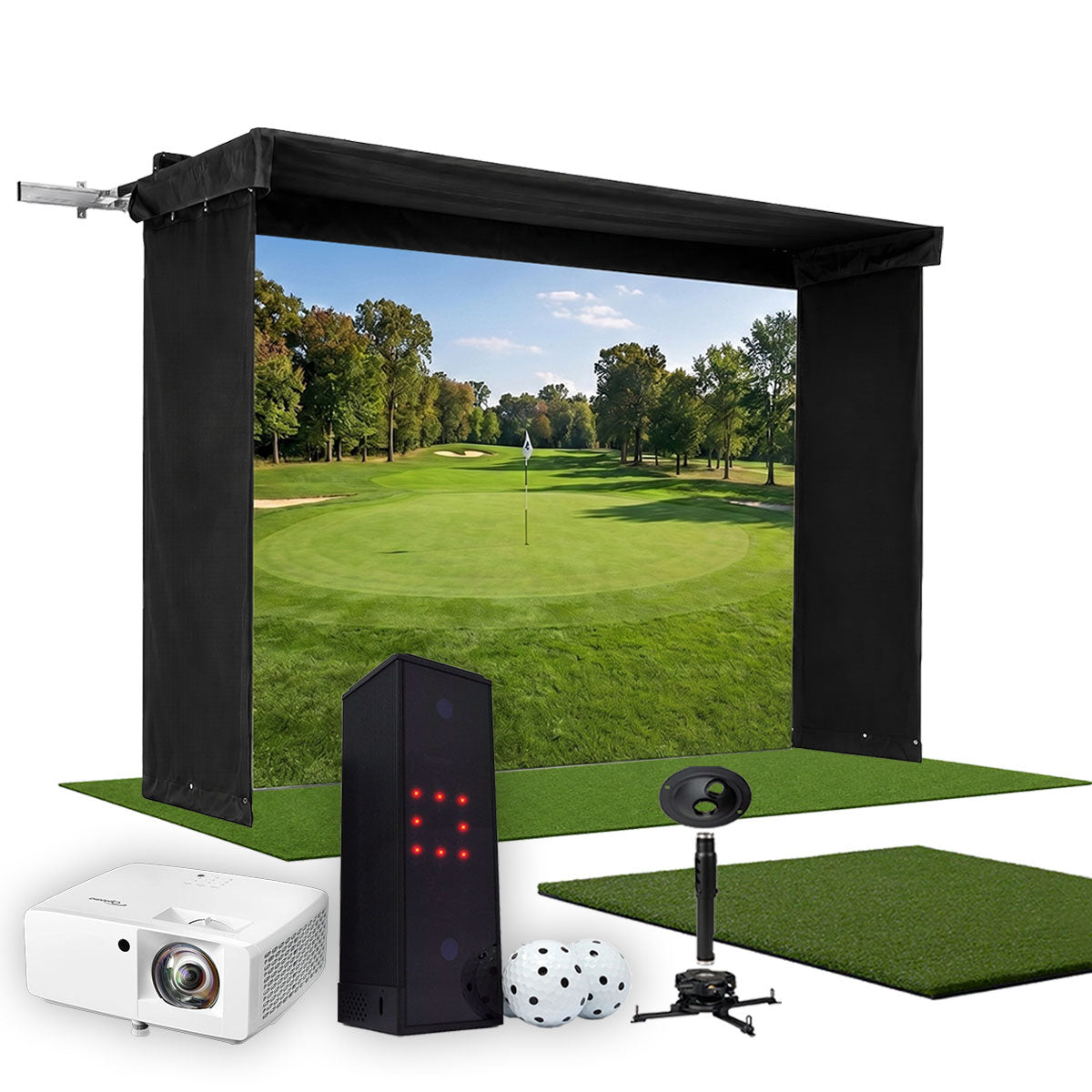 Square Golf SportScreen Vanish LITE Hybrid-Retractable Golf Studio Complete Package | Home Golf Simulator Studio with Impact Screen, Enclosure, Hitting Mat, Putting Turf & Projector