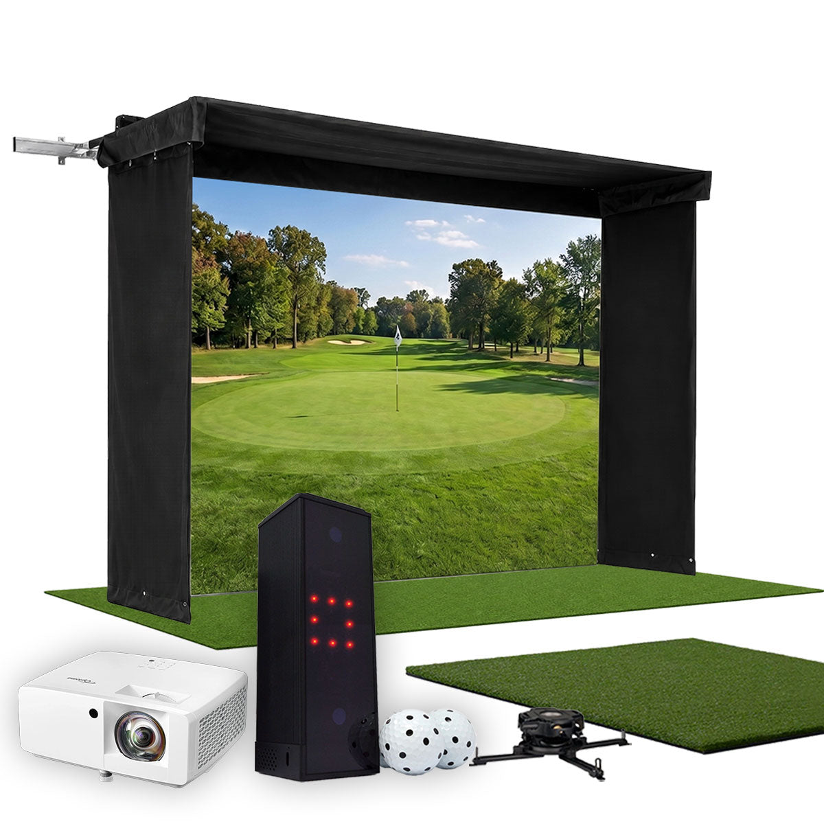 Square Golf SportScreen Vanish LITE Hybrid-Retractable Golf Studio Complete Package | Home Golf Simulator Studio with Impact Screen, Enclosure, Hitting Mat, Putting Turf & Projector