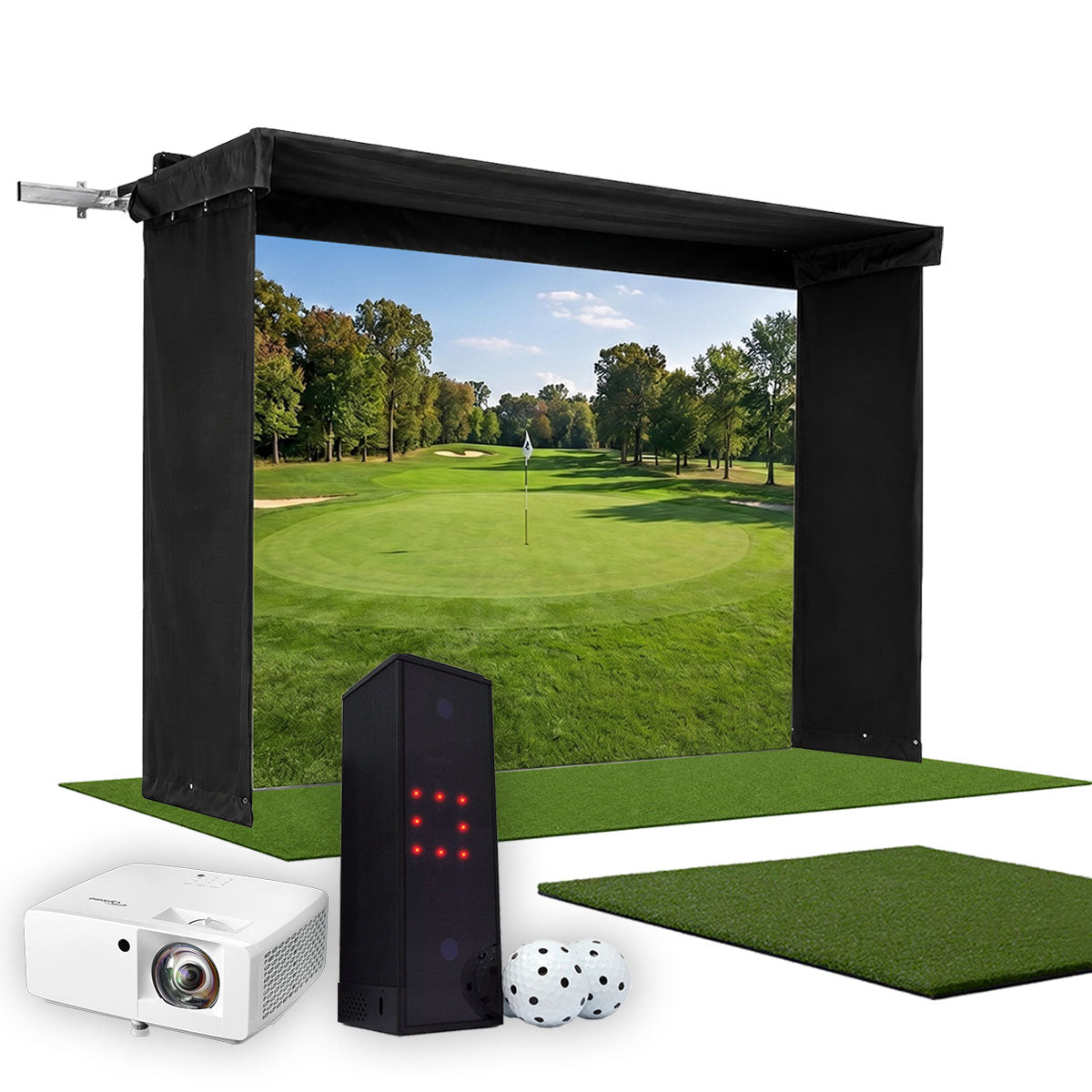 Square Golf SportScreen Vanish LITE Hybrid-Retractable Golf Studio Complete Package | Home Golf Simulator Studio with Impact Screen, Enclosure, Hitting Mat, Putting Turf & Projector