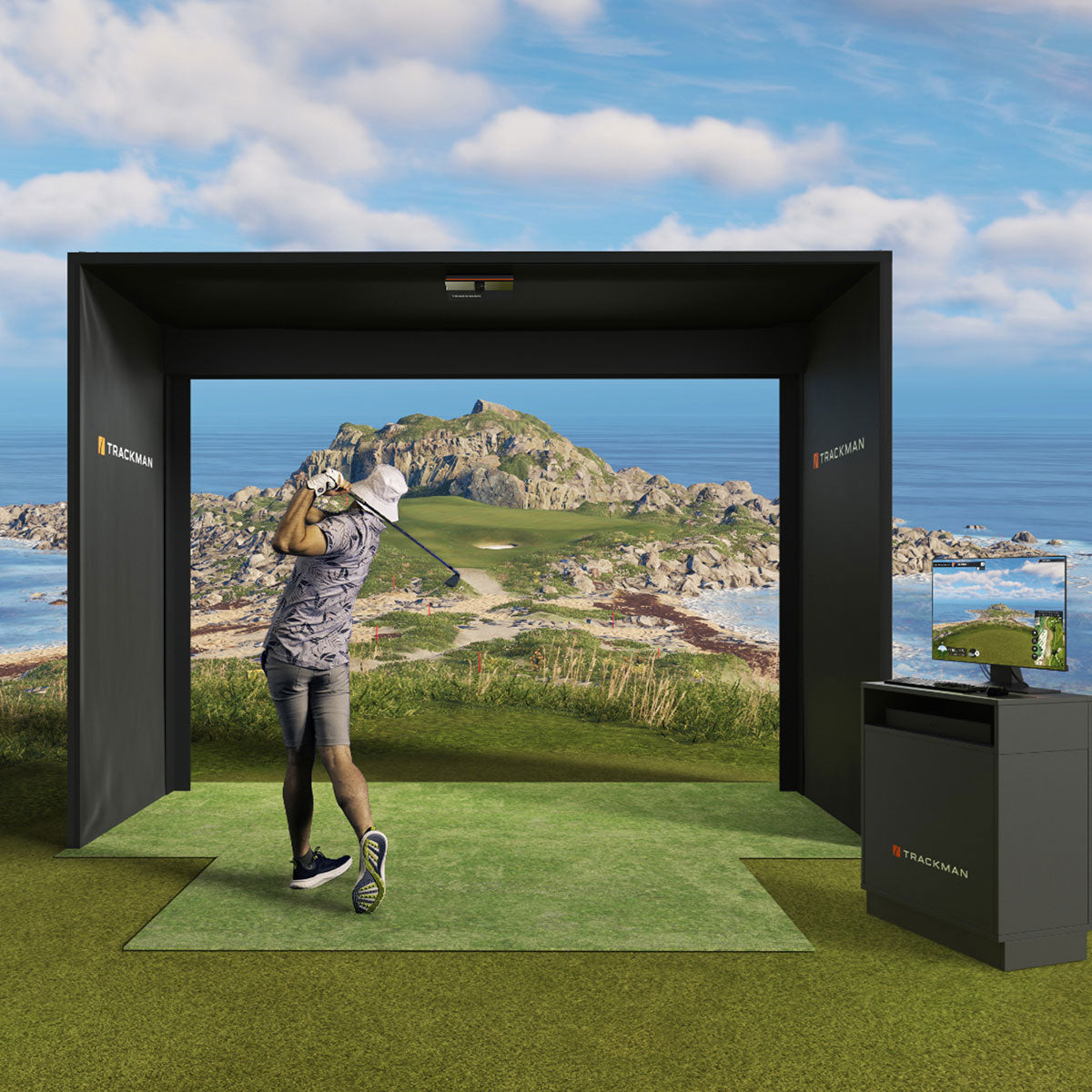 Trackman iO with PlayBetter SimStudio™ COMPLETE Package | Golf Simulator Studio with Impact Screen, Enclosure, Side Barriers, Hitting/Putting Mats & Projector
