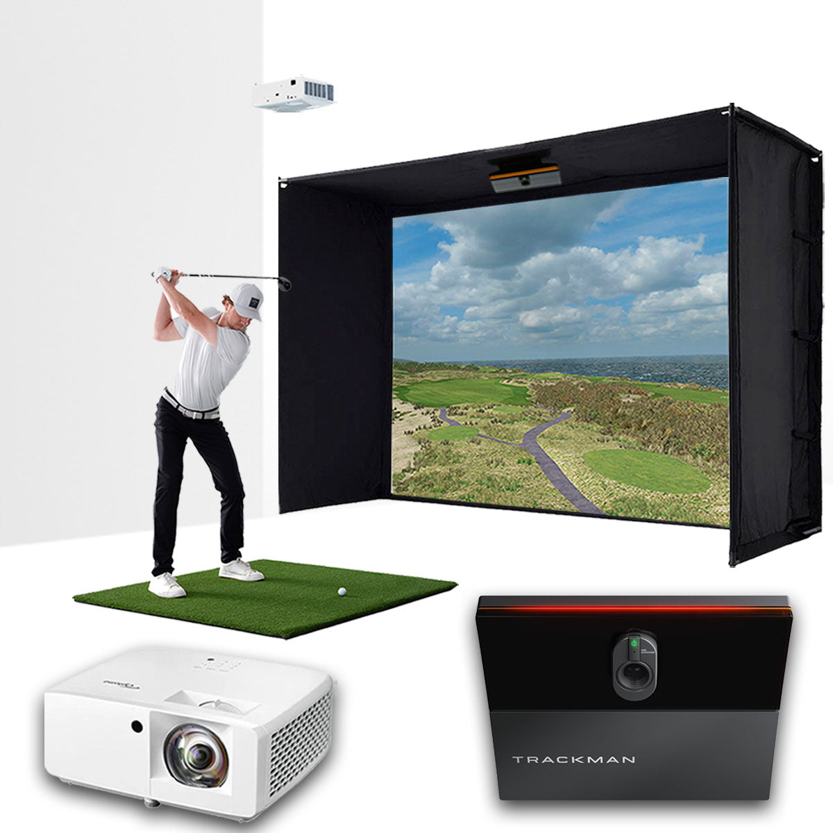 Trackman iO with PlayBetter SimStudio™ ESSENTIALS Package | Golf Simulator Studio with Impact Screen, Enclosure, Hitting Mat & Projector