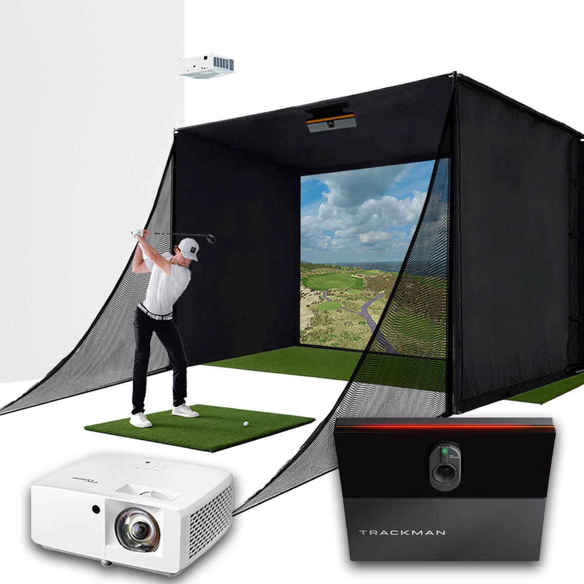 Trackman iO with PlayBetter SimStudio™ COMPLETE Package | Golf Simulator Studio with Impact Screen, Enclosure, Side Barriers, Hitting/Putting Mats & Projector