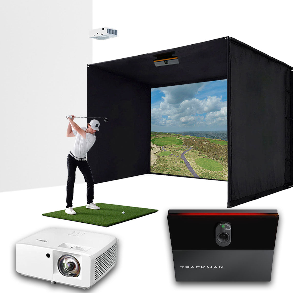 Trackman iO with PlayBetter SimStudio™ ESSENTIALS Package | Golf Simulator Studio with Impact Screen, Enclosure, Hitting Mat & Projector