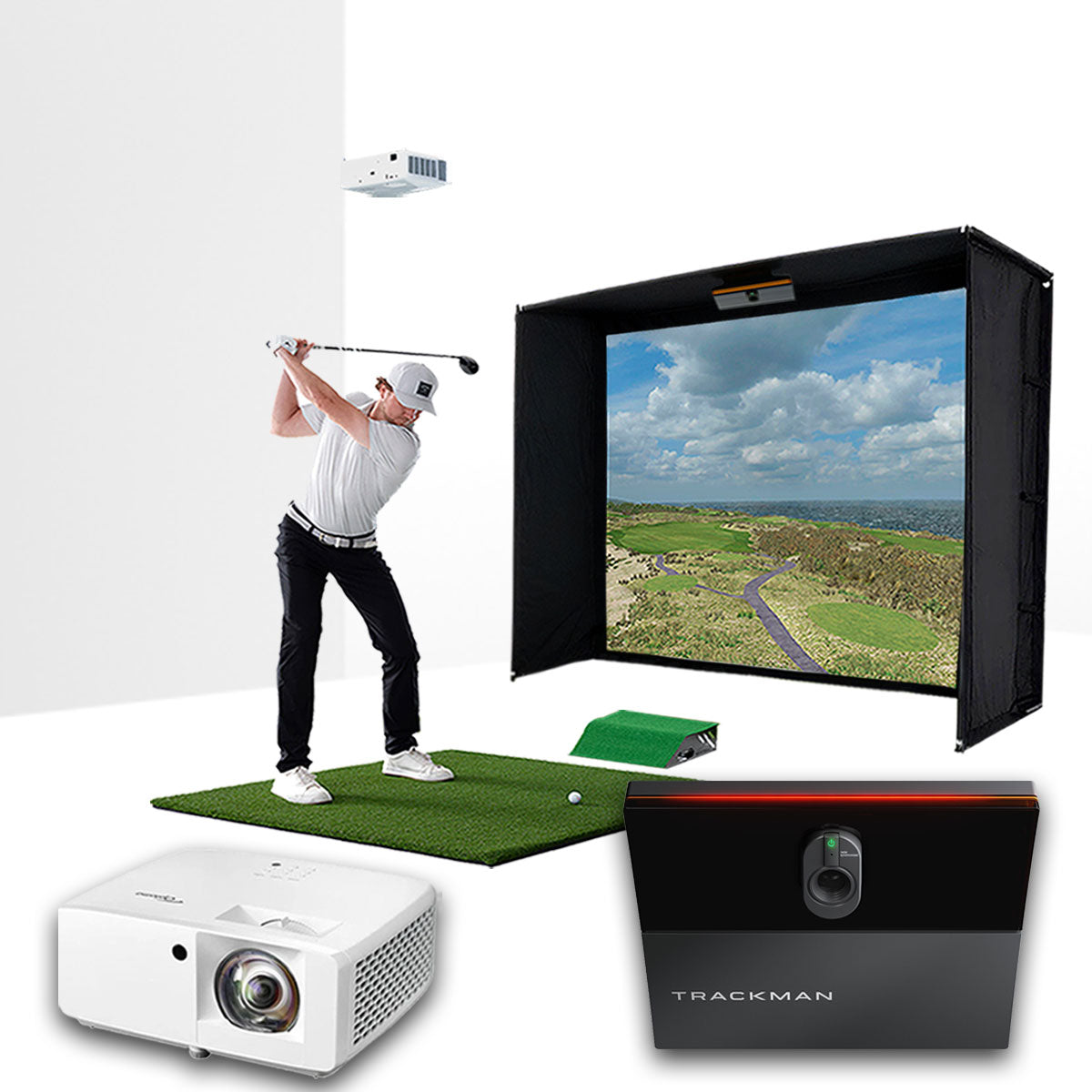 Trackman iO with PlayBetter SimStudio™ ESSENTIALS Package | Golf Simulator Studio with Impact Screen, Enclosure, Hitting Mat & Projector