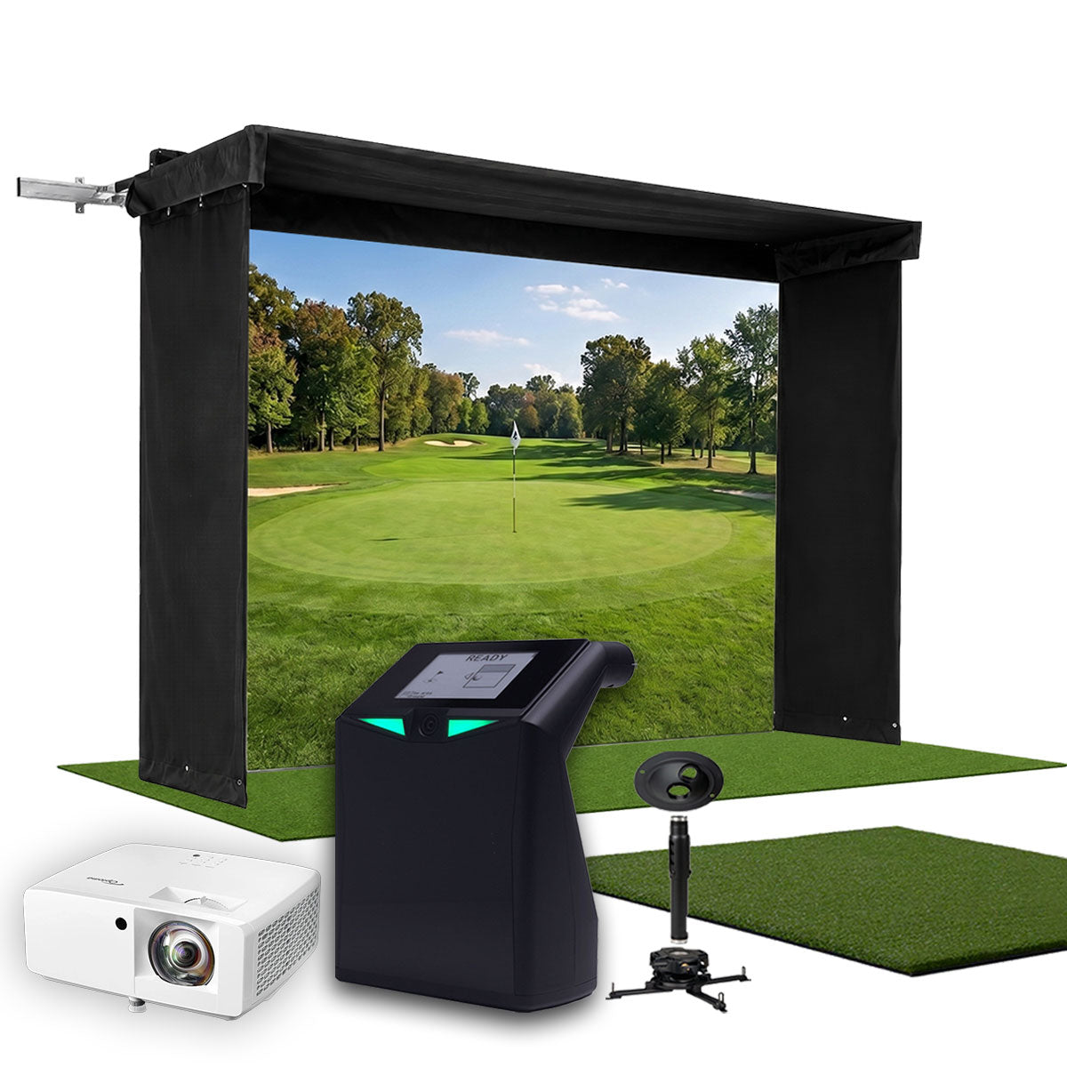 TruGolf LaunchBox SportScreen Vanish LITE Hybrid-Retractable Golf Studio Complete Package | Home Golf Simulator Studio with Impact Screen, Enclosure, Hitting Mat, Putting Turf & Projector