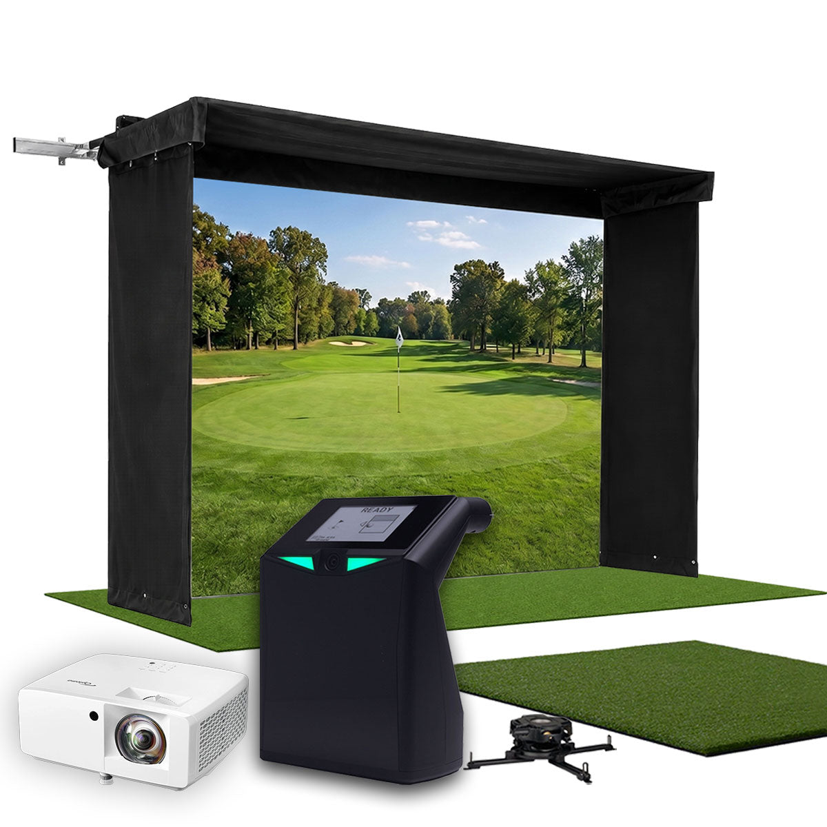 TruGolf LaunchBox SportScreen Vanish LITE Hybrid-Retractable Golf Studio Complete Package | Home Golf Simulator Studio with Impact Screen, Enclosure, Hitting Mat, Putting Turf & Projector