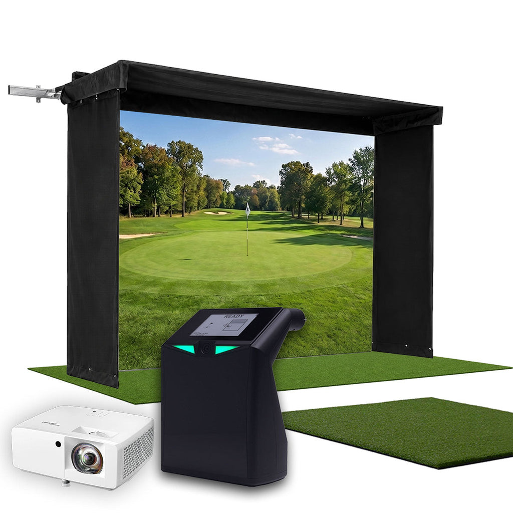 TruGolf LaunchBox SportScreen Vanish LITE Hybrid-Retractable Golf Studio Complete Package | Home Golf Simulator Studio with Impact Screen, Enclosure, Hitting Mat, Putting Turf & Projector