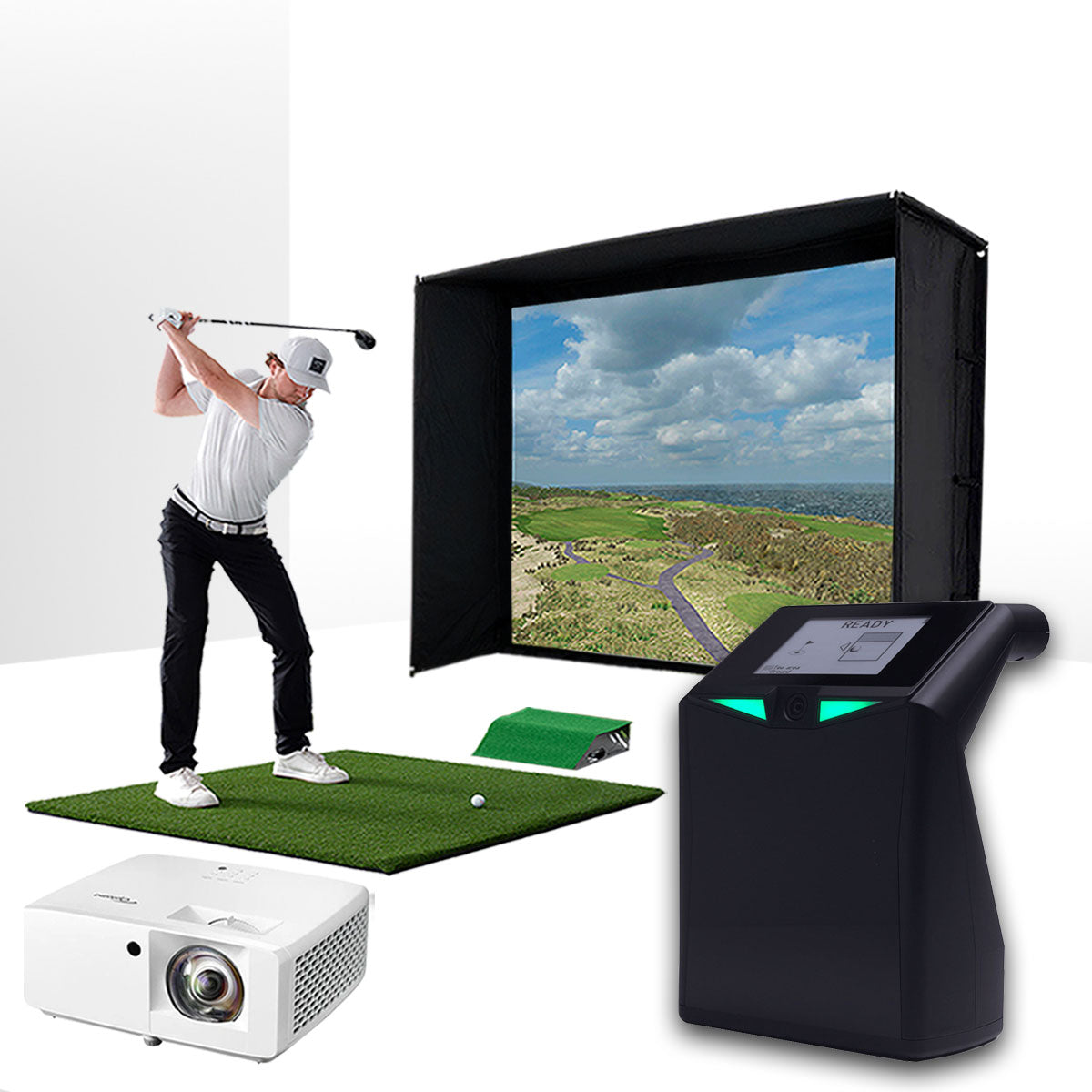TruGolf LaunchBox with PlayBetter SimStudio™ ESSENTIALS Package | Golf Simulator Studio with Impact Screen, Enclosure, Hitting Mat & Projector