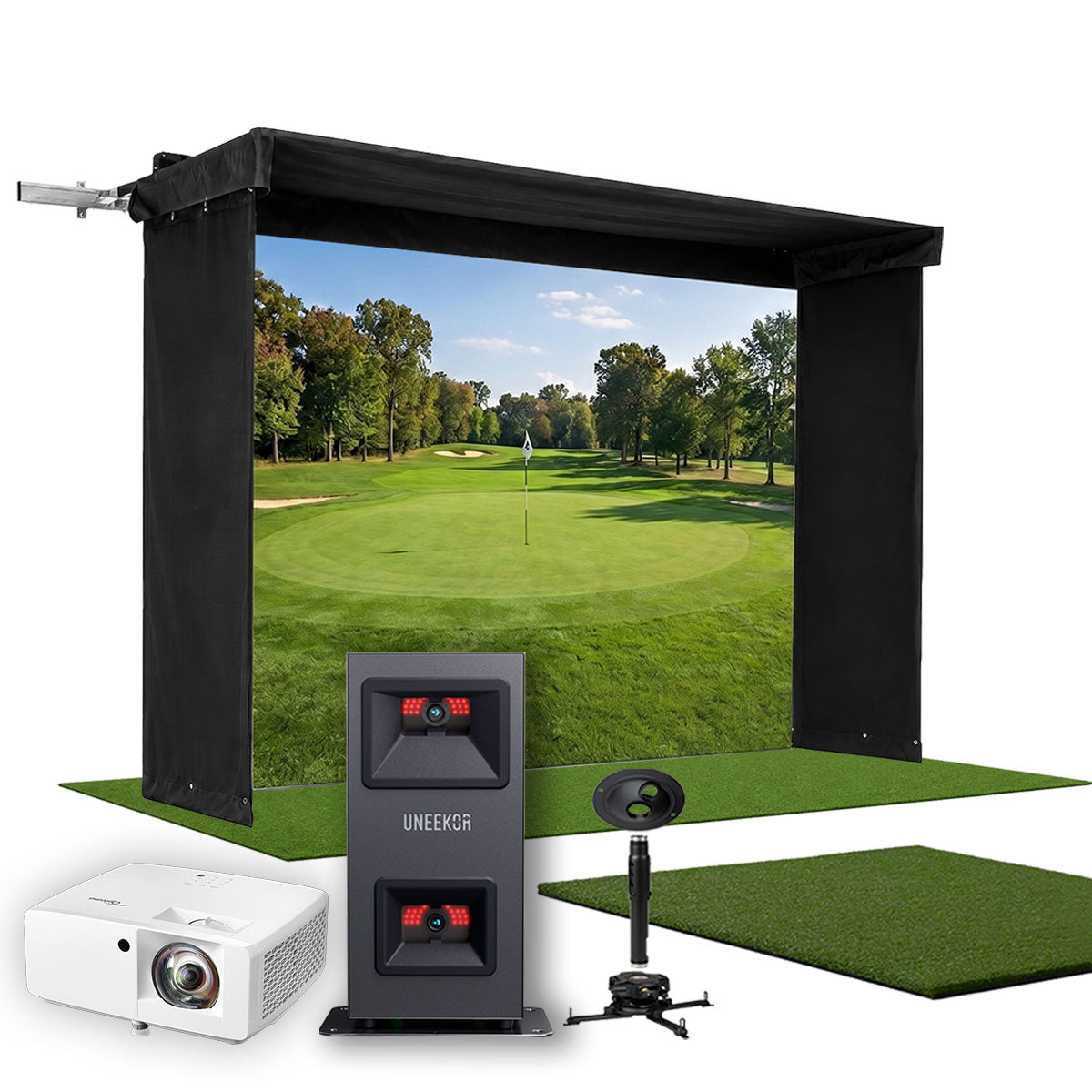 Uneekor EYE MINI LITE SportScreen Vanish LITE Hybrid-Retractable Golf Studio Complete Package | Home Golf Simulator Studio with Impact Screen, Enclosure, Hitting Mat, Putting Turf & Projector