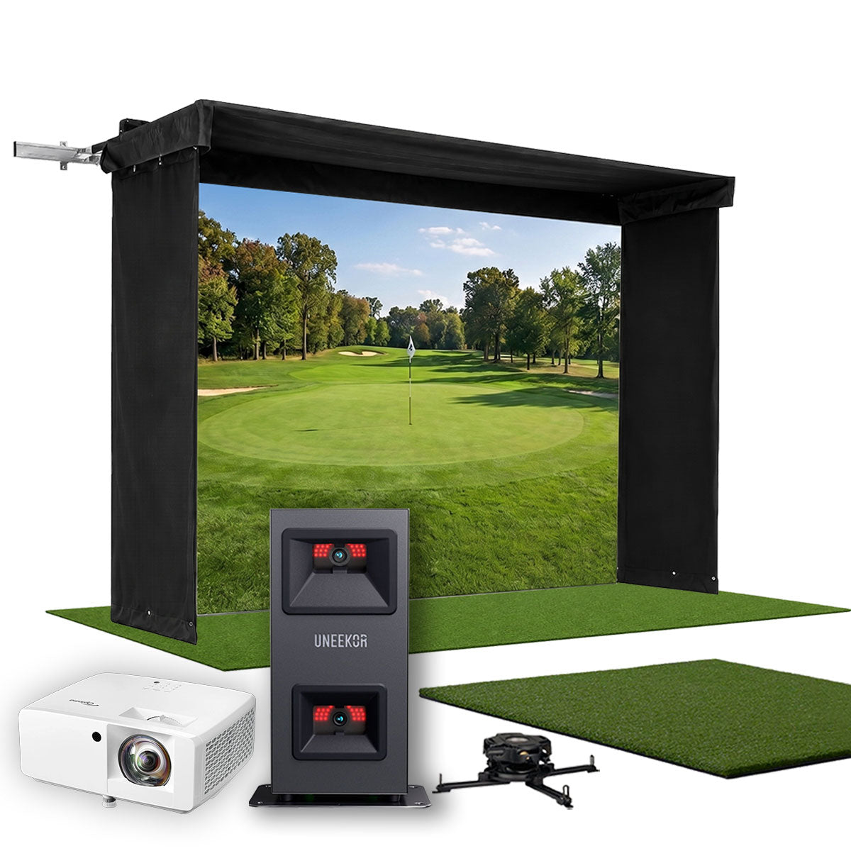 Uneekor EYE MINI LITE SportScreen Vanish LITE Hybrid-Retractable Golf Studio Complete Package | Home Golf Simulator Studio with Impact Screen, Enclosure, Hitting Mat, Putting Turf & Projector