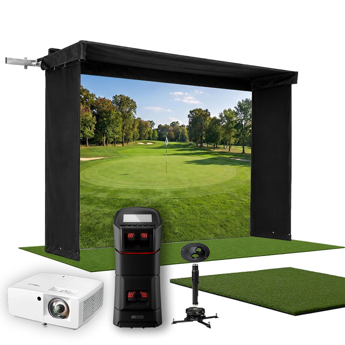 Uneekor EYE MINI SportScreen Vanish LITE Hybrid-Retractable Golf Studio Complete Package | Home Golf Simulator Studio with Impact Screen, Enclosure, Hitting Mat, Putting Turf & Projector