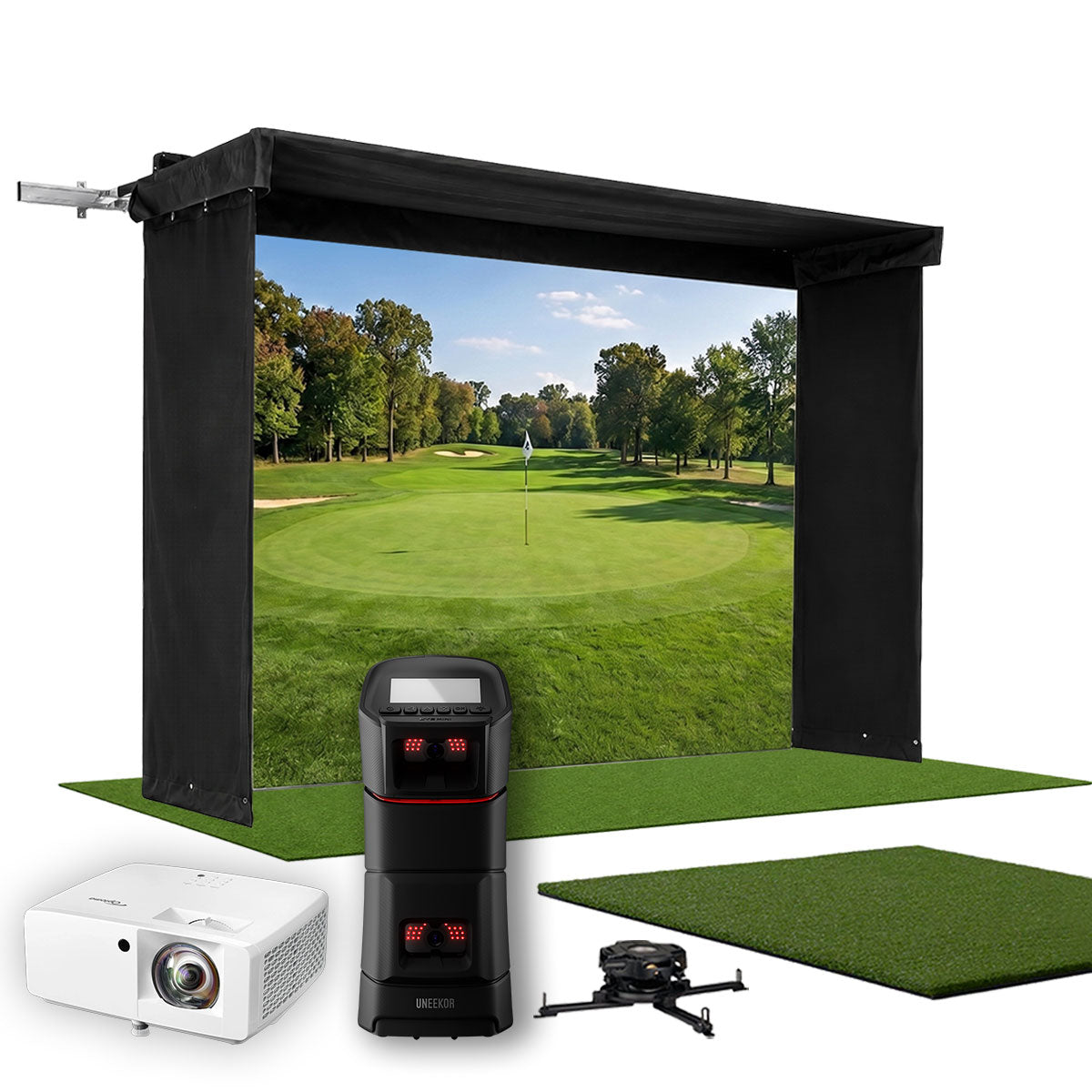 Uneekor EYE MINI SportScreen Vanish LITE Hybrid-Retractable Golf Studio Complete Package | Home Golf Simulator Studio with Impact Screen, Enclosure, Hitting Mat, Putting Turf & Projector
