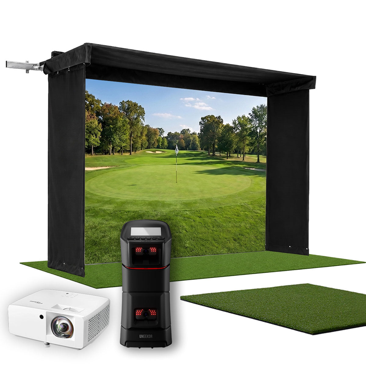 Uneekor EYE MINI SportScreen Vanish LITE Hybrid-Retractable Golf Studio Complete Package | Home Golf Simulator Studio with Impact Screen, Enclosure, Hitting Mat, Putting Turf & Projector