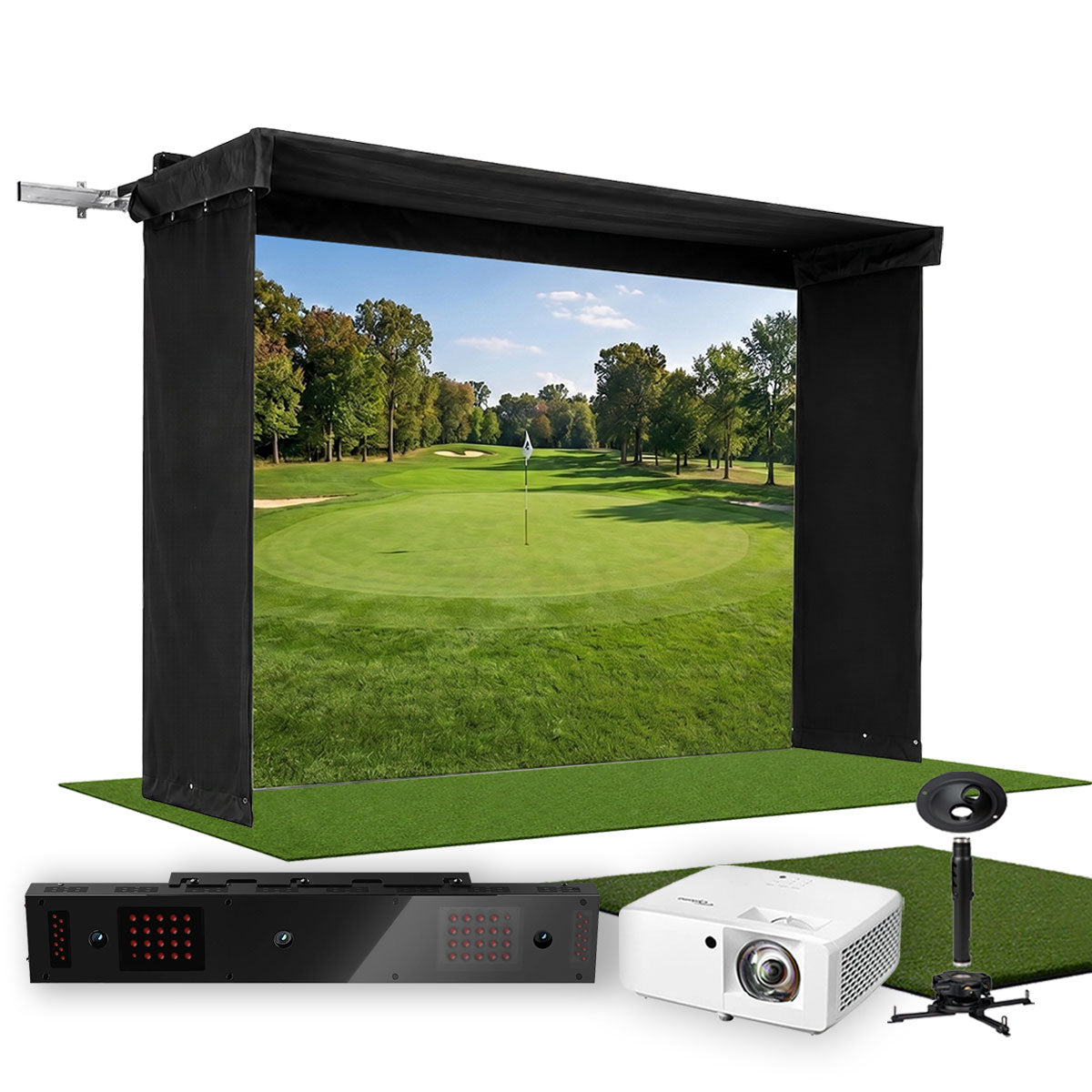 Uneekor EYE XO2 SportScreen Vanish LITE Hybrid-Retractable Golf Studio Complete Package | Home Golf Simulator Studio with Impact Screen, Enclosure, Hitting Mat, Putting Turf & Projector