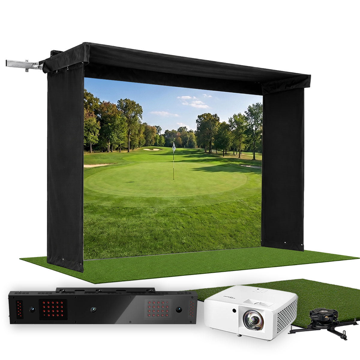 Uneekor EYE XO2 SportScreen Vanish LITE Hybrid-Retractable Golf Studio Complete Package | Home Golf Simulator Studio with Impact Screen, Enclosure, Hitting Mat, Putting Turf & Projector