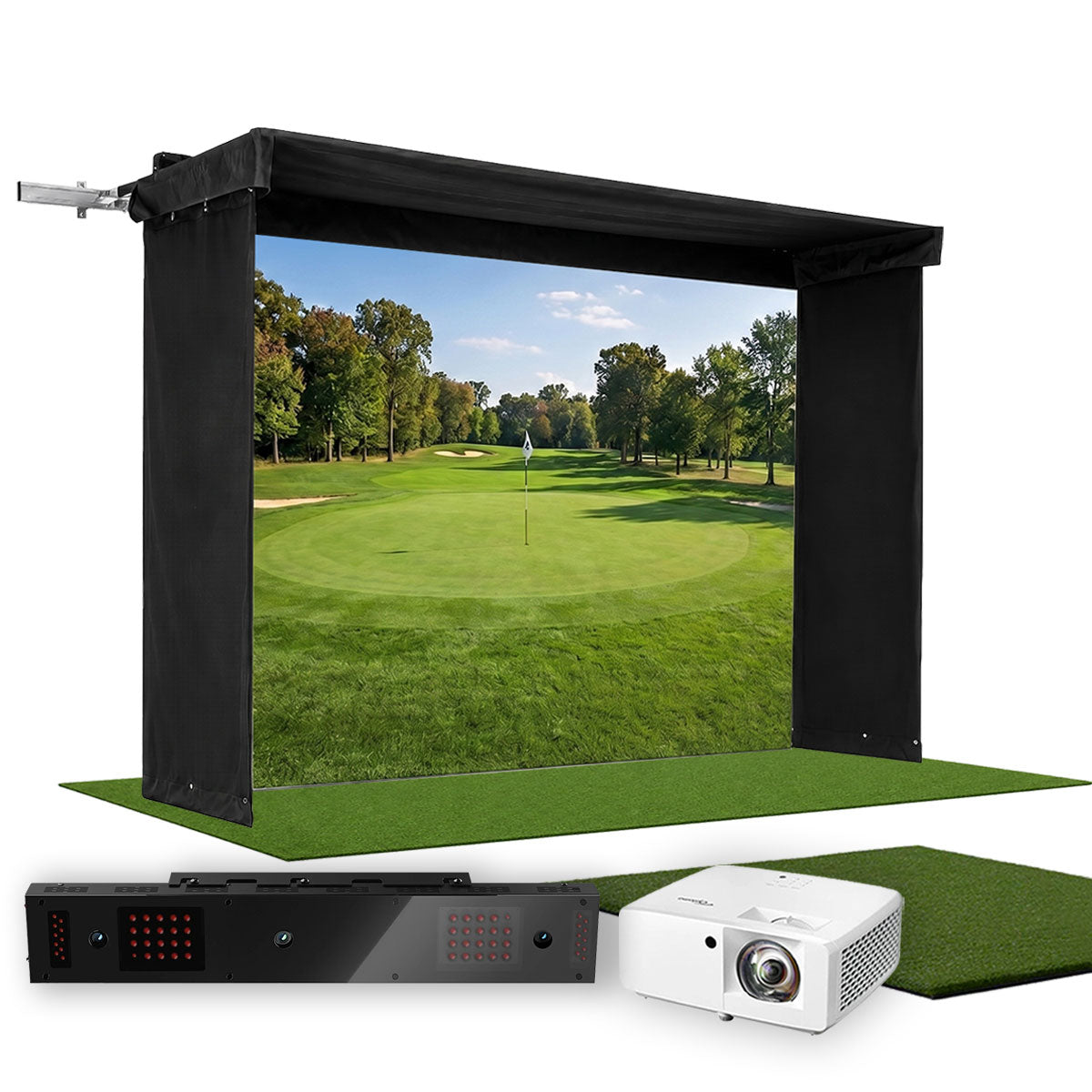 Uneekor EYE XO2 SportScreen Vanish LITE Hybrid-Retractable Golf Studio Complete Package | Home Golf Simulator Studio with Impact Screen, Enclosure, Hitting Mat, Putting Turf & Projector