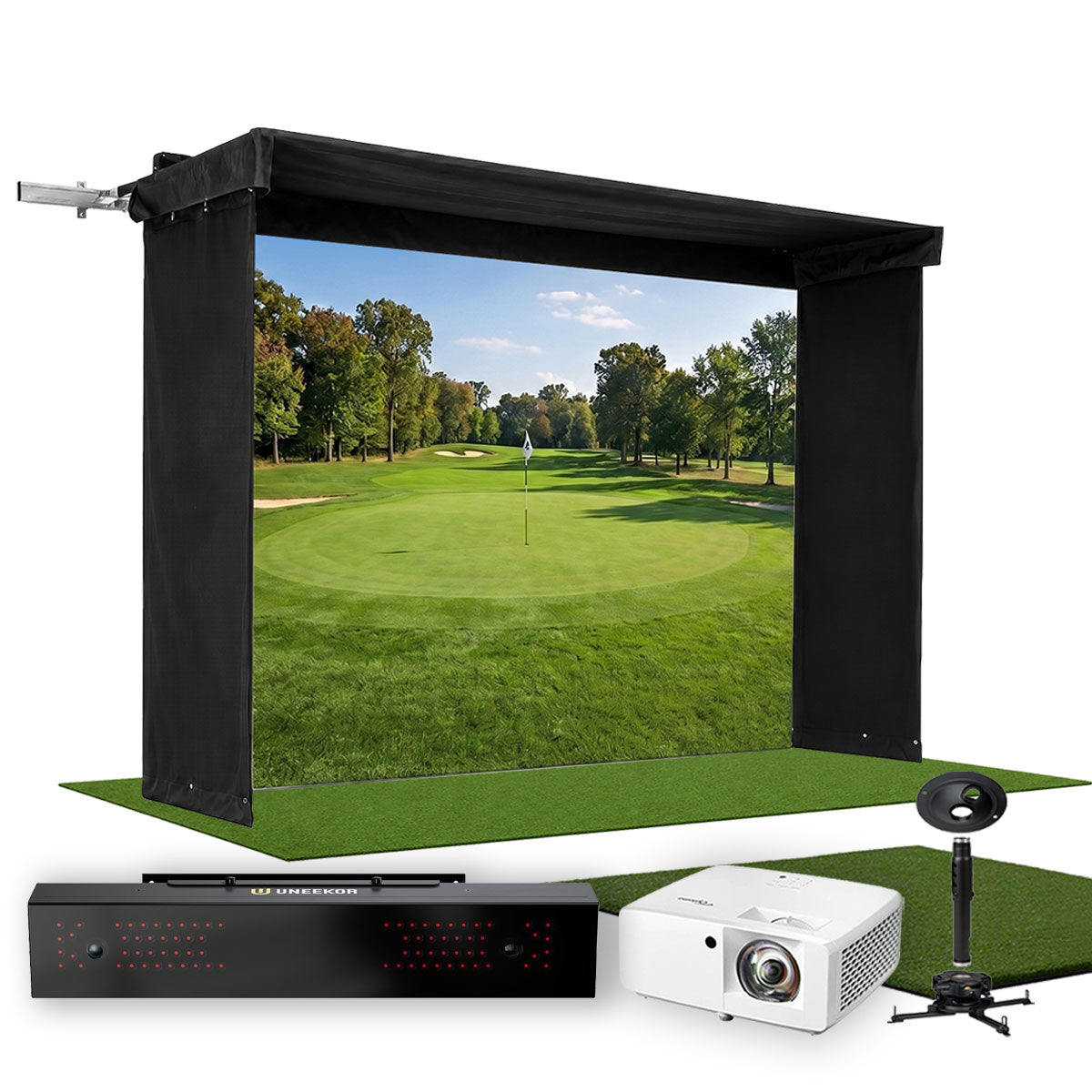 Uneekor EYE XR SportScreen Vanish LITE Hybrid-Retractable Golf Studio Complete Package | Home Golf Simulator Studio with Impact Screen, Enclosure, Hitting Mat, Putting Turf & Projector