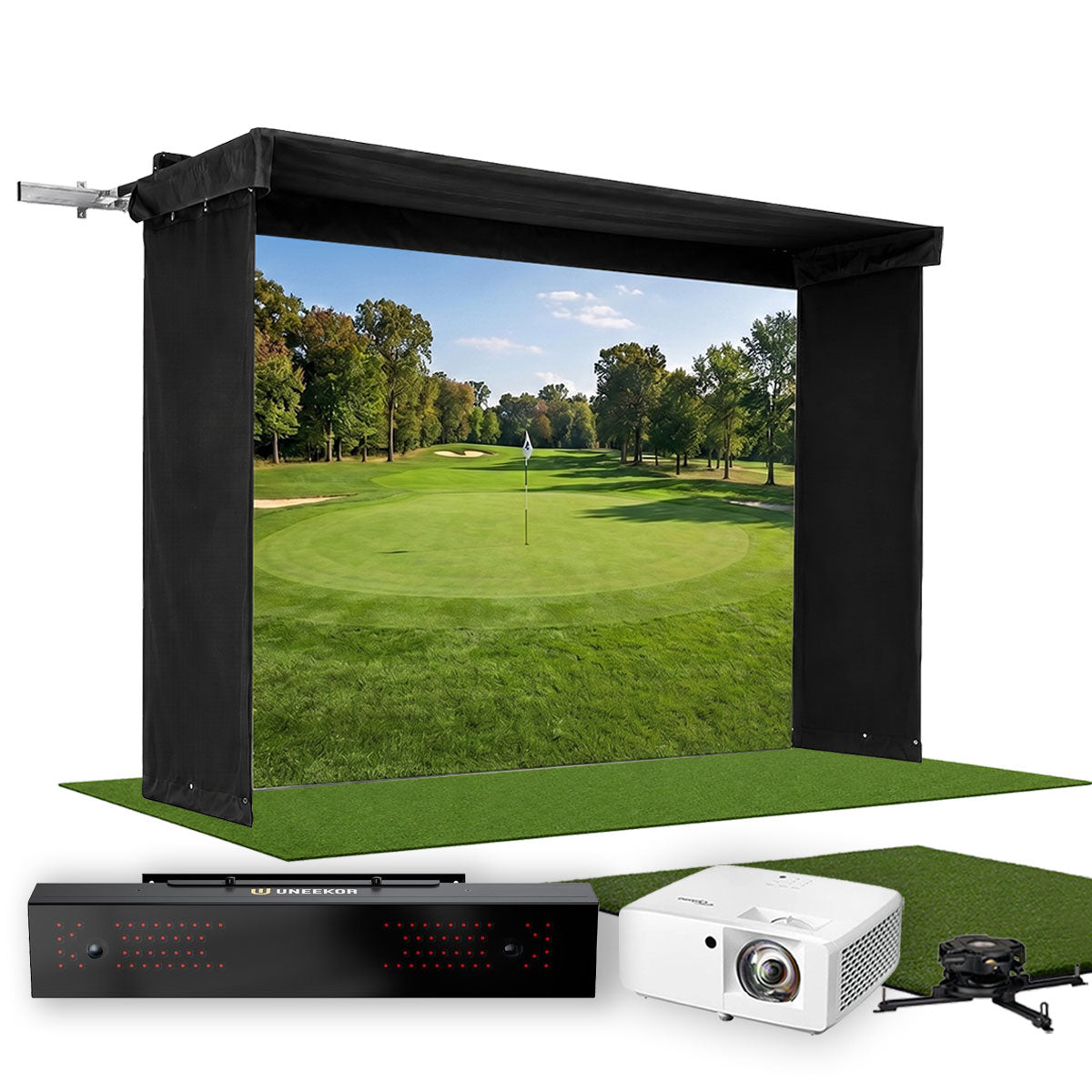 Uneekor EYE XR SportScreen Vanish LITE Hybrid-Retractable Golf Studio Complete Package | Home Golf Simulator Studio with Impact Screen, Enclosure, Hitting Mat, Putting Turf & Projector