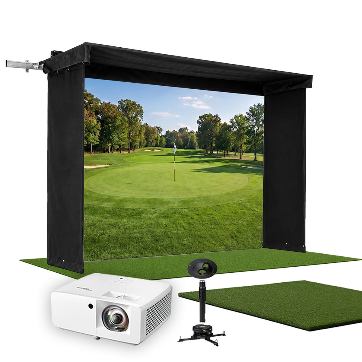 SportScreen Vanish LITE Hybrid-Retractable Golf Studio Complete Package by PlayBetter | Home Golf Simulator Studio with Impact Screen, Enclosure, Hitting Mat, Putting Turf & Projector
