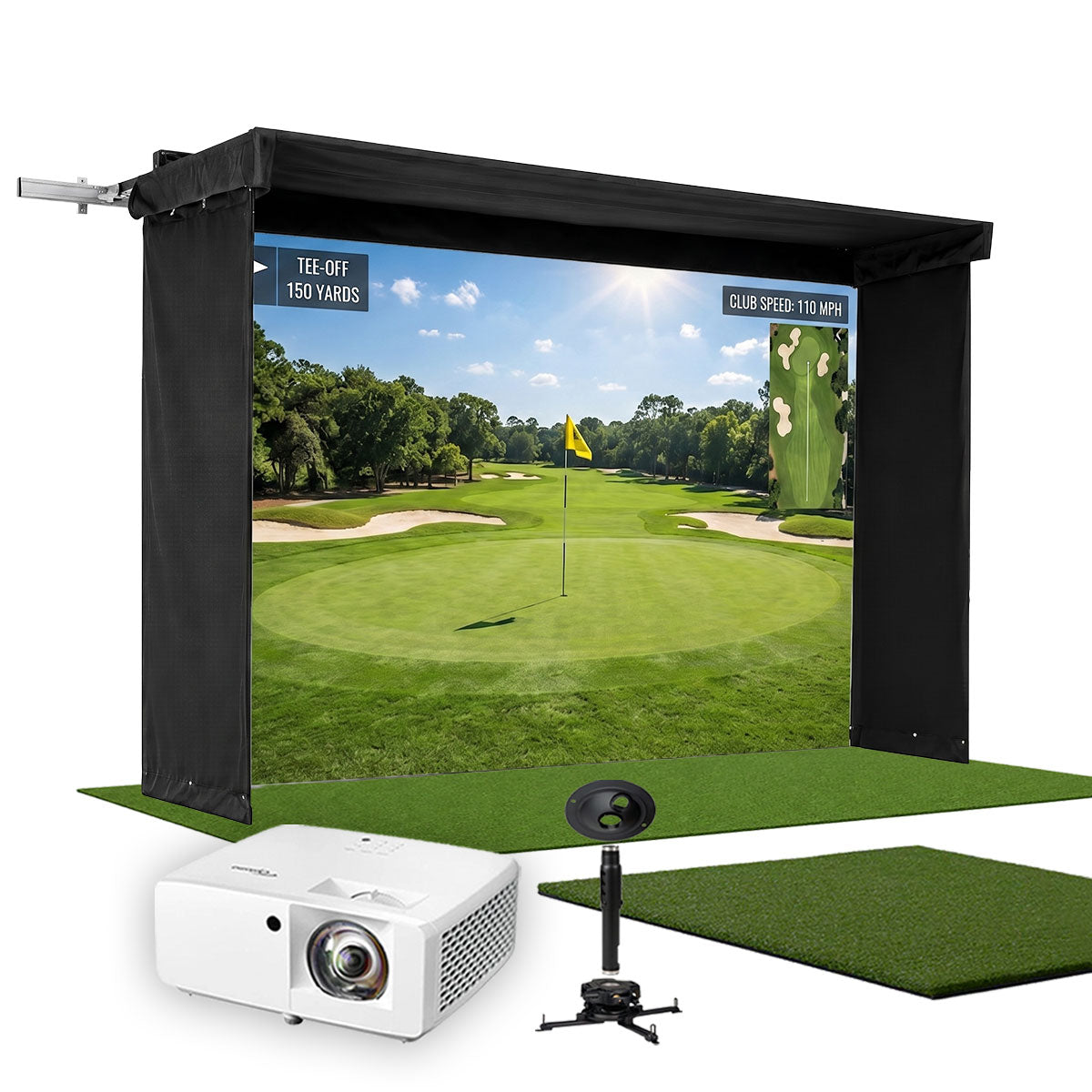 SportScreen Vanish LITE Hybrid-Retractable Golf Studio Complete Package by PlayBetter | Home Golf Simulator Studio with Impact Screen, Enclosure, Hitting Mat, Putting Turf & Projector