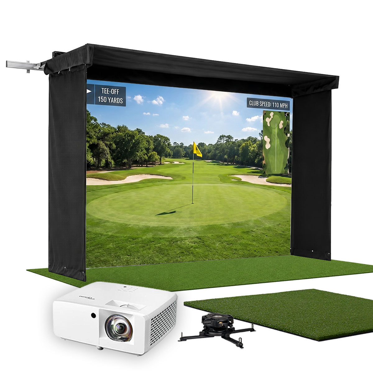 SportScreen Vanish LITE Hybrid-Retractable Golf Studio Complete Package by PlayBetter | Home Golf Simulator Studio with Impact Screen, Enclosure, Hitting Mat, Putting Turf & Projector
